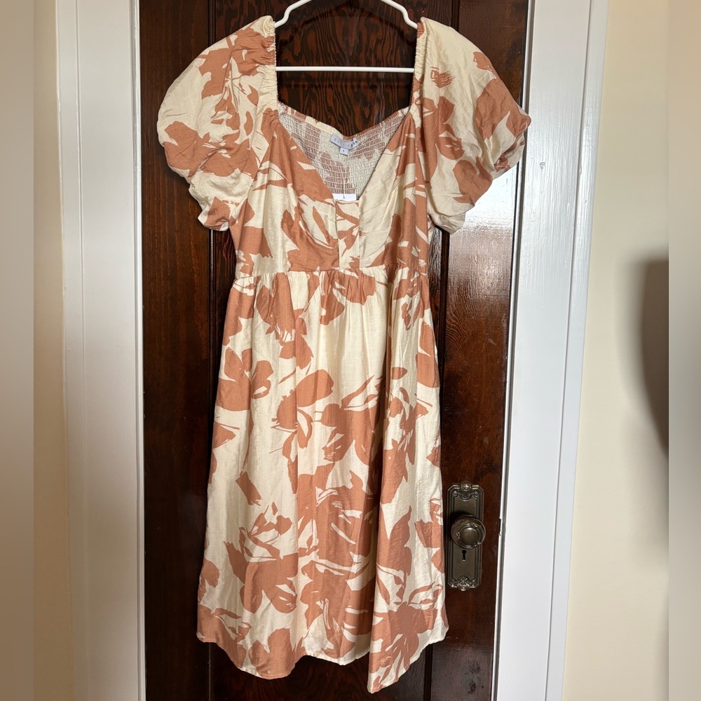 Women's Puff Sleeve Floral Dress in Cream and Rust